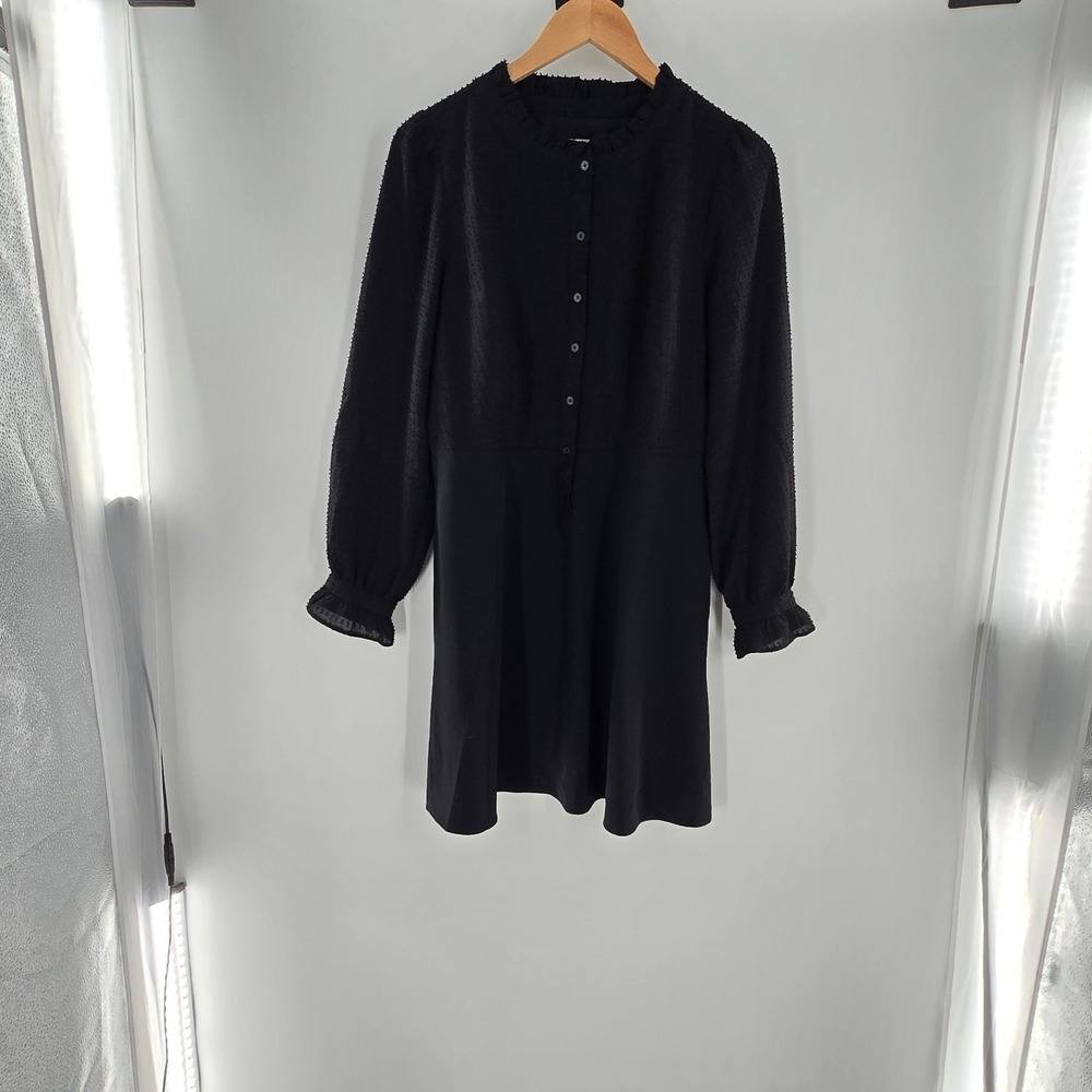 LOFT Chic Black Button-Up mini Dress  fit & flare‎ ruffle blouson textured Sz 8